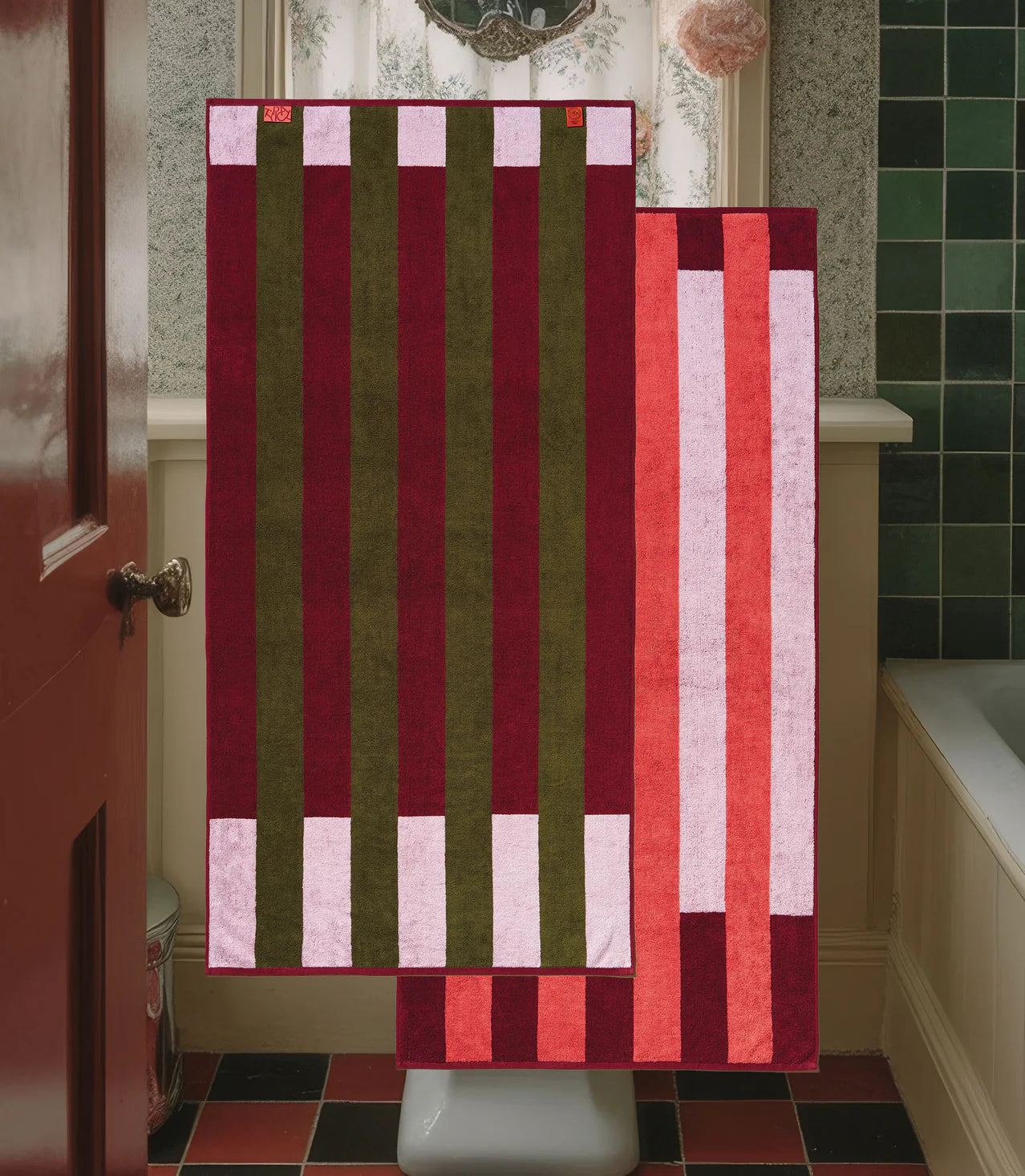 Serviette de Bain Offset Stripe - Petal Pink, Cabernet Burgundy, Moss Green