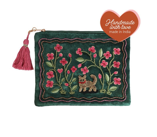 Pochette Perlée Chat & Fleurs