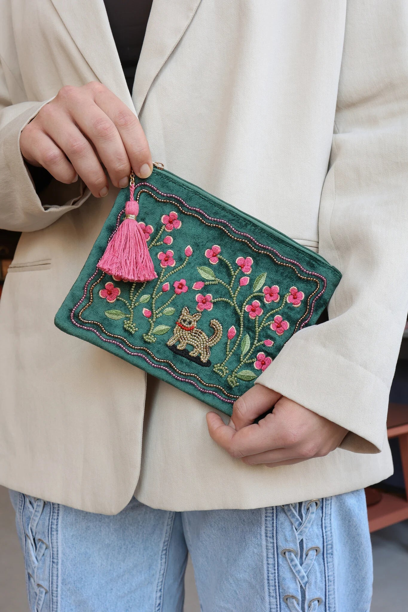 Pochette Perlée Chat & Fleurs